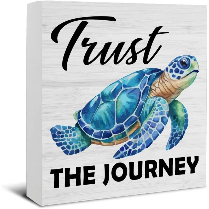 Sea Turtle Decor - Beach House Decor - Rustic Farmhouse Design Trust the Journey Wooden Sign Home Office Beach Wall Decor Plaque Shelf Desk Decoration Room Decorations - 5 x 5 Inches