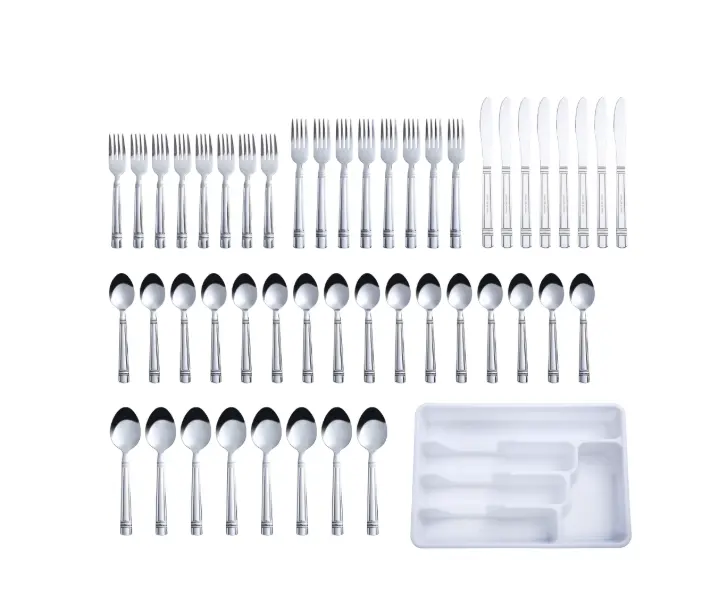 Elena 49-Piece Stainless Steel Adult Flatware Set, Silver, Service for 8, with Organizer Tray