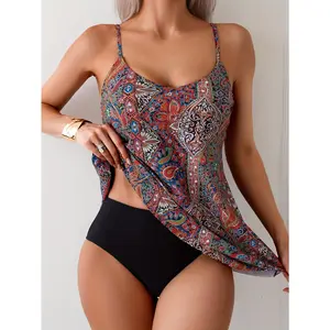 Women'S Tankini Swimsuit Set, Polyester 82% Elastane 18%, Medium Stretch, Sleeveless, Fabric, 200g/m², 100g Lining Weight, Random Print, for Swimming