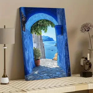 1 piece of 2D flat high-definition print, blue arch Mediterranean landscape decorative painting, framed canvas painting and poster, ready to hang, home decoration, wall art, room decoration, ideal gift, living room, bedroom, dining room, office decoration
