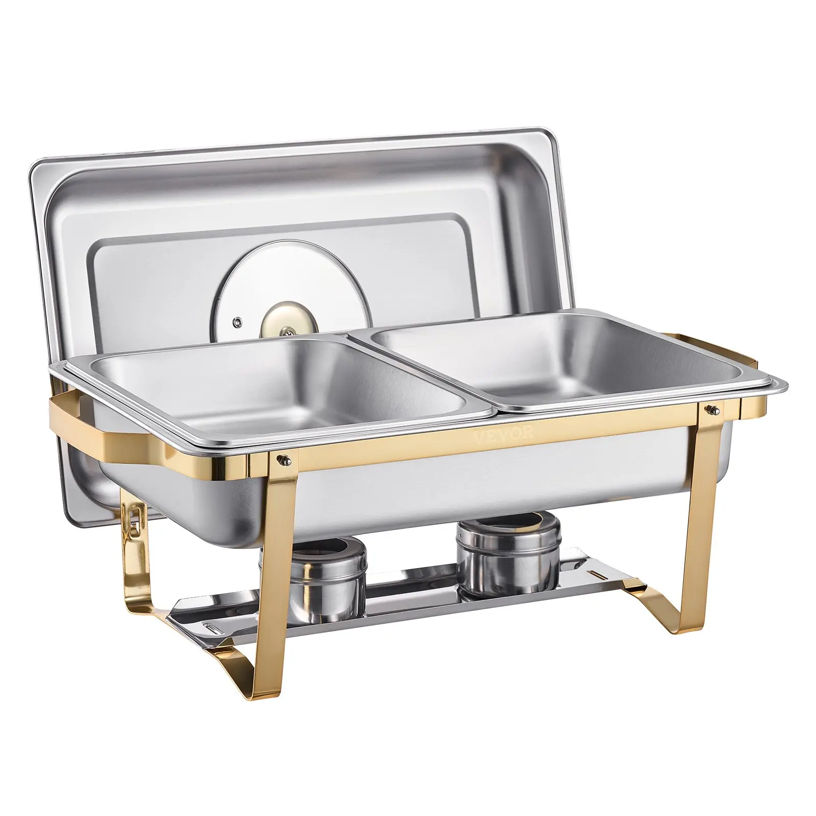 【summerfinds】VEVOR 2-Pack 4 Qt Half-Size Rectangle Stainless Steel Elegant Gold Finish Chafing Dish Warmer 2-Piece Set, Bakeware with Heat/Cold Hold & Folds for Storage, Buffet Party Serving, Father's Day Gift Option (DealsForYouDays Promotion), Two Piece