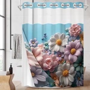 1pc hookless shower curtain with buckle lining, pink and white floral design, 2D flat printing, fabric waterproof lining, see-through double-layer shower curtain, 71 x 74 inches, Bathroom Shower Equipment