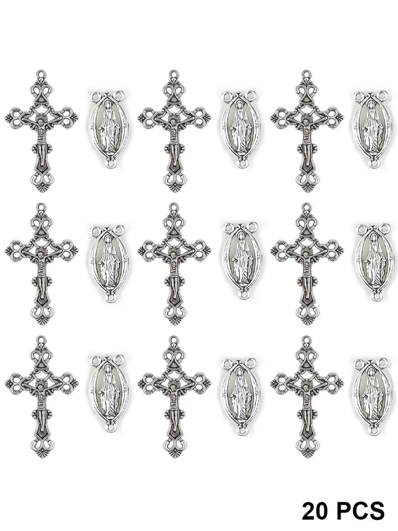 20pcs Vintage Silver Color Bead Cross Pendant Accessories, Alloy Crucifix Charms for Catholic Virgin Mary Prayer Necklace Jewelry Making Religious Jewelry Faith Jewelry DIY Jewelry Making, Alloy Material, Choking Hazard