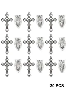 20pcs Vintage Silver Color Bead Cross Pendant Accessories, Alloy Crucifix Charms for Catholic Virgin Mary Prayer Necklace Jewelry Making