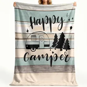 Cozy Happy Camper Flannel Throw Blanket | Vintage Van & Pine Tree Design, Lightweight All-Season Camping Decor for Sofa, Office, Bed, Chair & Travel, Machine Washable, Perfect Gift for Men & Women