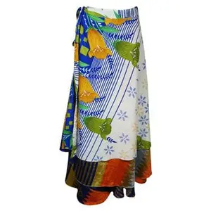 Bohemian Blue White Long Wrap Skirt Printed Sari Wrap Around Skirts One size