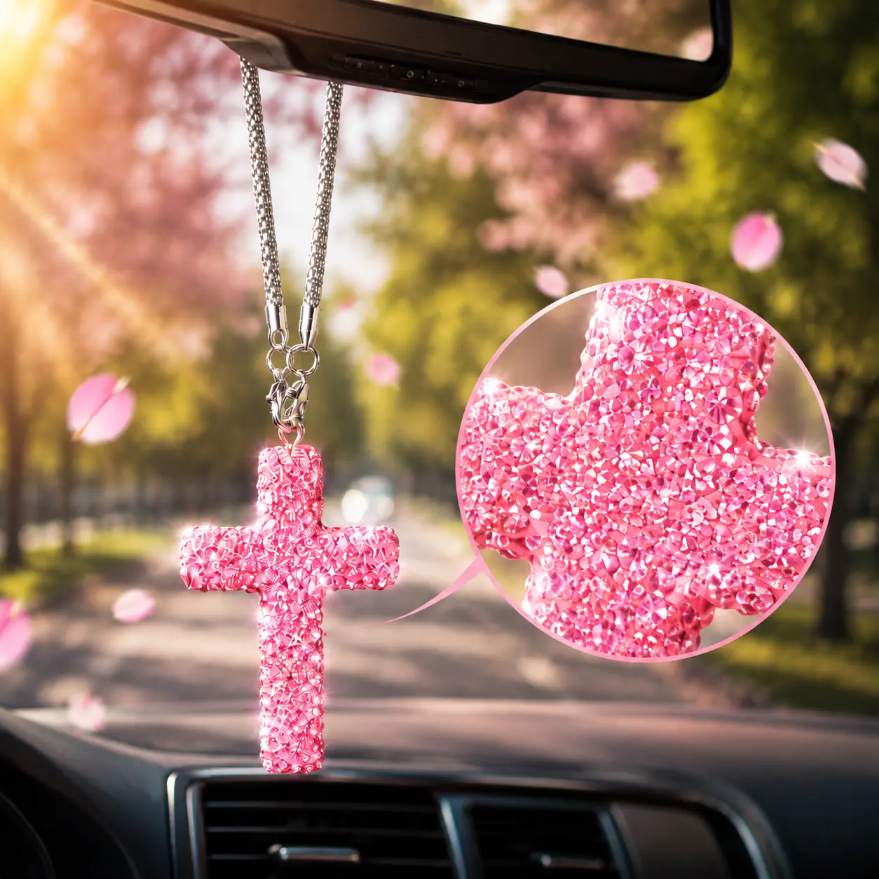 Rhinestone Cross Car Charm, Crystal Rearview Mirror Hanging Ornament, Bling Car Accessories, Cute Car Interior Decor for Women and Men,6 Color Options