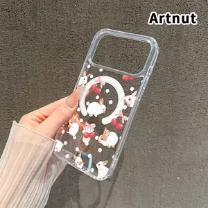 Magnetic Phone Case Supports Wireless Charging for iPhone 17 16  Pro Max Plus 15 14 13 12 11 Air E Bunny Cherry Dream Pattern Non-Yellowing Shockproof Soft Silicone Transparent Acrylic Large Hole Cover