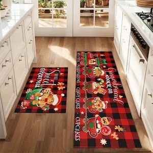 2Pcs Christmas gingerbread man Floor mat set for farmhouse kitchen restaurant floor laundry room decor carpet mat Decorative Rug Mat