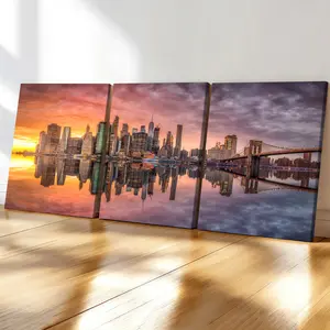 3-Piece Wood Frame Canvas, City Skyline Sunset Reflection Trio Decorative Poster, Modern Living Room Wall Art, Fashion Home Poster
