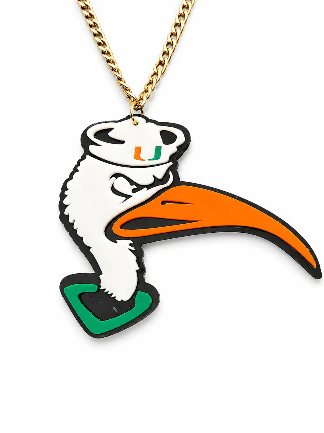 Custom Orange & Green Bird Acrylic Fan Chain – Sports Inspired Pendant Necklace