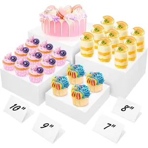 10" Large Buffet Risers with Mini Signs, Table Risers, Buffet Risers and Stands,  Cube Display Box Riser for Catering Party Buffet Table  Display, Dessert, Cakes - White, Set of 4 Boxes