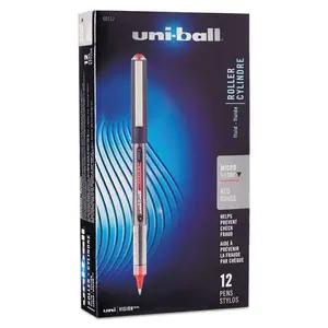 Uni-Ball UBC 0.5 mm Micro Red Ink, Gray & Red Barrel VISION Stick Roller Ball Pen - 1 Dozen