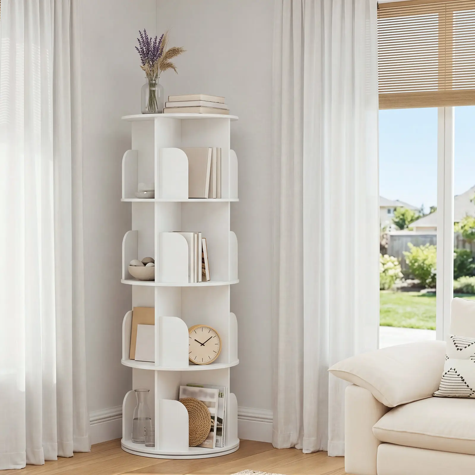 3/4/5-Tier 360° Rotating Bookshelf, Space Saving Freestanding Corner Storage Rack, Round Spinning Bookcase for Books, Toys, Plants & Decor in Bedroom Living Room 3/4/5-Tier 360° Rotating Bookshelf, Space Saving Freestanding Corner Storage Rack, Round Spinning Bookcase for Books, Toys, Plants & Decor in Bedroom Living Room