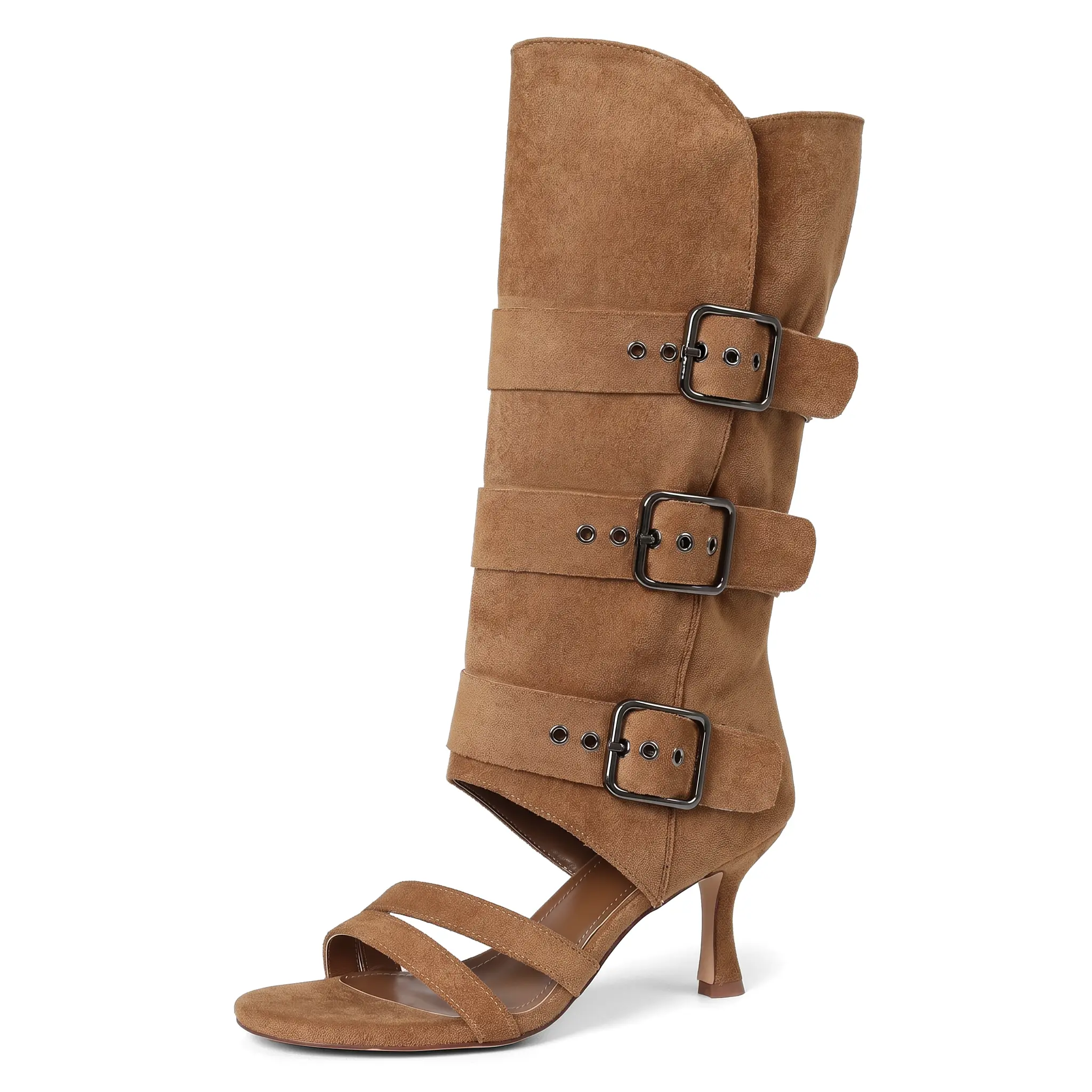 Custom Made Trendy Women Brown Faux Suede Cutout Mid-Calf Gladiator Boots with Three Buckle Straps Peep Toe Stiletto Heels Wide Calf Friendly Vintage Y2K Western Style Heel Sandal Boots Ideal for Party and Date Matches Dresses and Jeans