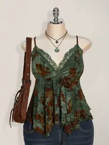 PRINTABOLD Plus Size Hippie Women Lace Contrast Allover Print Asymmetric Hem Camisole Top, Suitable For Festival, Summer Vacation, Graduation Season And Back To School