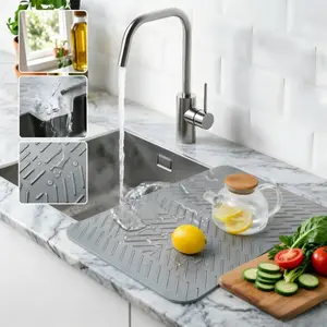 Large Silicone Dish Drying Mat with Built-in Drainage Hole, Easy to Clean & Heat Resistant. Multi-purpose kitchen accessory for countertop use, dish draining and cup mat.