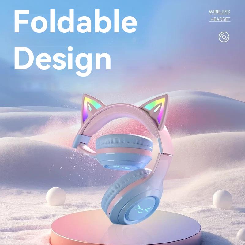 Wireless Bluetooth Cat Ear Headphones with Mic LED Light Foldable Over Ear Headset for Mobile Phone Laptop and Computer Cute Gift for Kids Teens and Adults