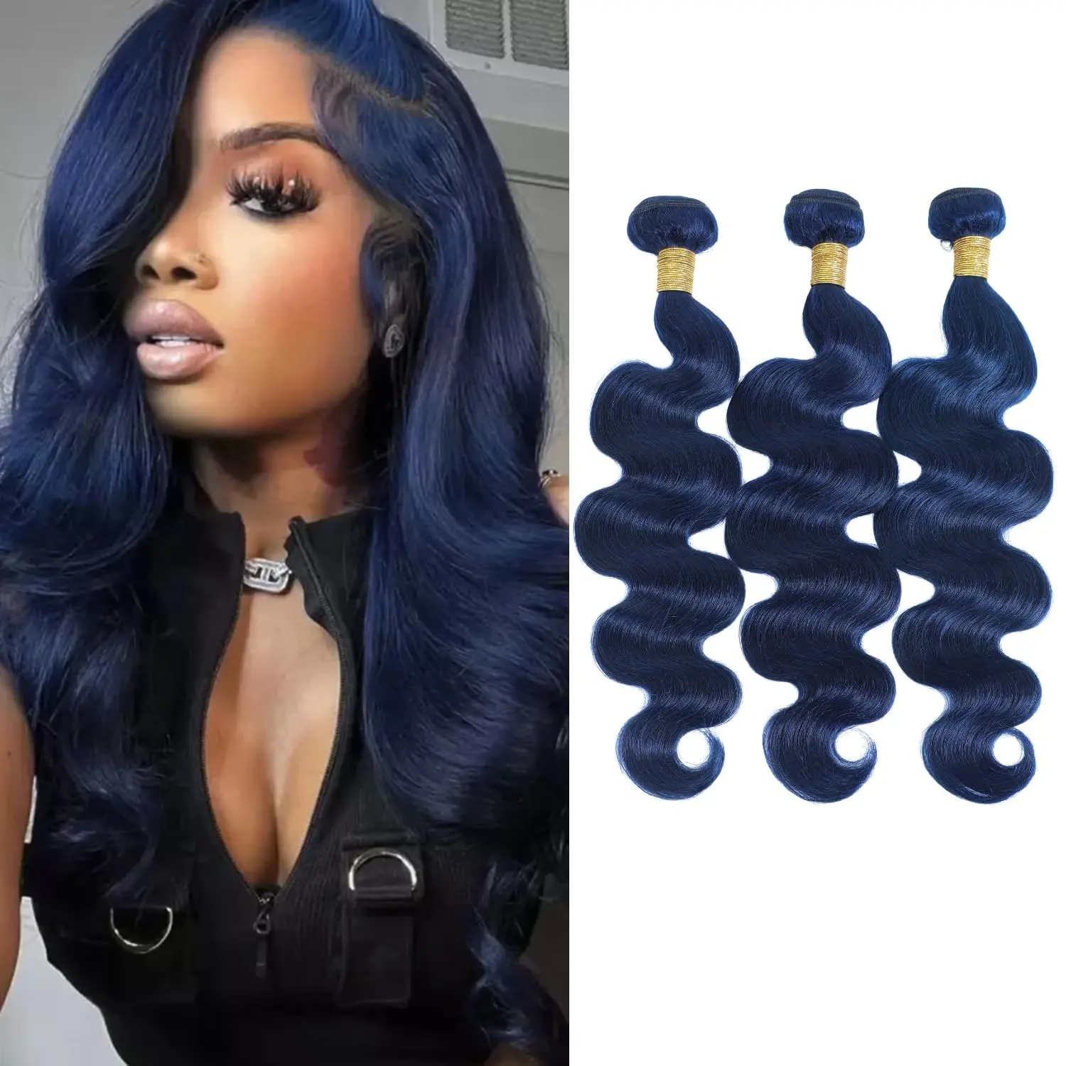 Dark Blue Bundles Body Wave Human Hair, 12A 100% Brazilian Virgin Hair, Soft Glossy Thick Black Blue 3 Bundles, Quick Weave Sew-In Extensions for Black Women