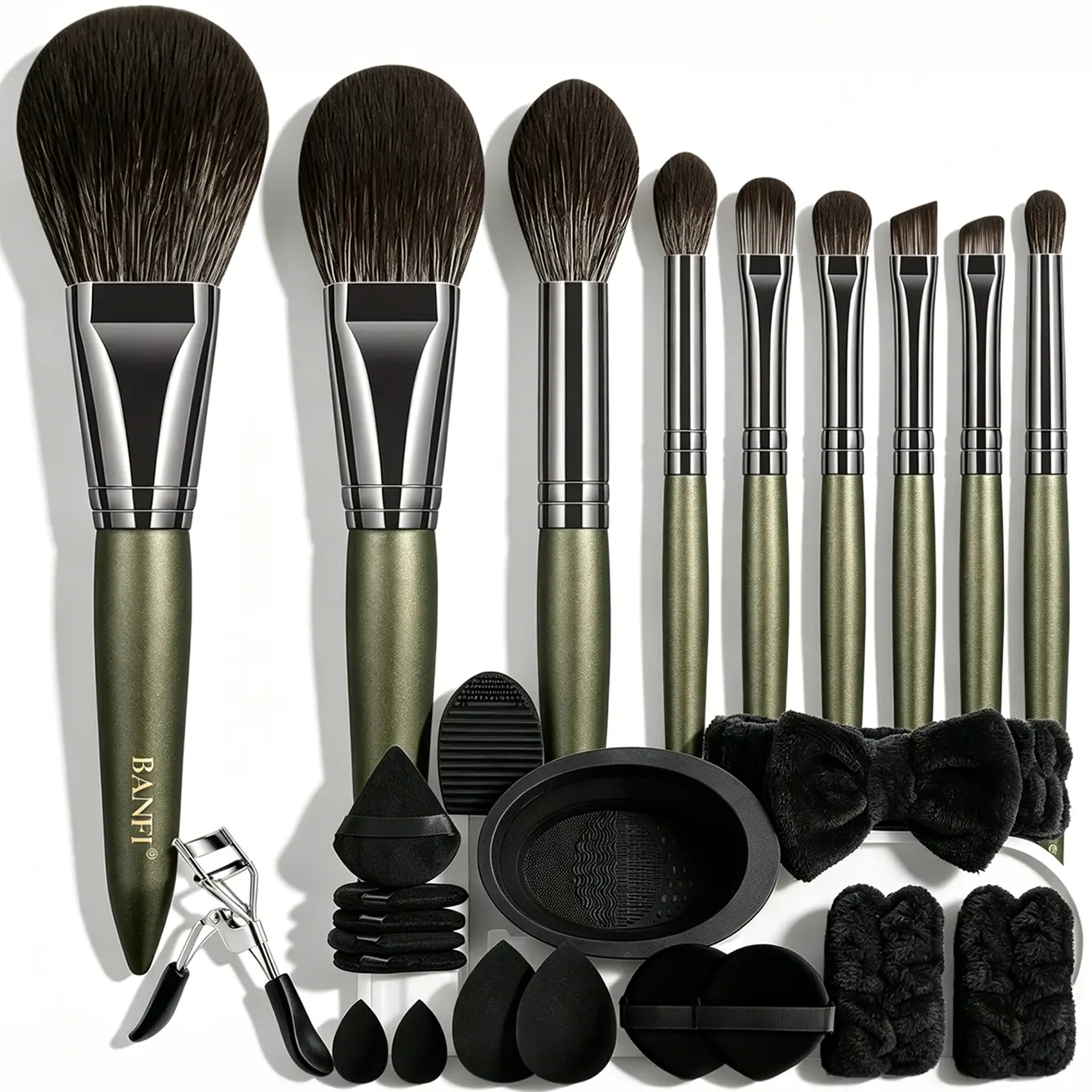 Metallic Olive Green Handle All-In-1 Makeup Brush & Tool Set, Including Cosmetic Brushes, Beauty Sponges, Triangle-Round Powder Puffs, Plush Bow Hairband, Wristbands, Eyelash Curler, Silicone Cleaner Bowl for Daily Full Face Makeup & Travel