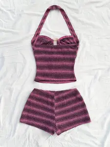 NELSONMIS Women's Striped Knit Textured Fabric Metal Decor Halter Neck Tie Crop Top And Super Short Shorts 2 Piece Set
