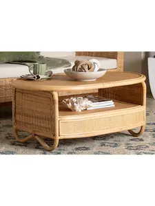212 MAIN Dyna Rattan Coffeetable - Handwoven Wicker Accent Piece with Oval Top, Braided Weavings, Open Shelf, Coastal Boho Living Room Centerpiece, Natural Indoor Furniture Table