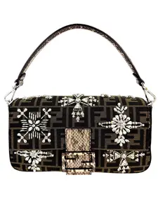 Pre-owned FENDI Zucca Canvas Crystal Embellished Baguette (Full Set) Shoulder Bags Re Edition Zucca Canvas Crystal Embellished Baguette (Full Set)