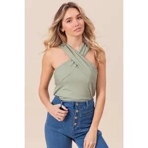 BiBi Rib Knit Cross Neck Banded Top