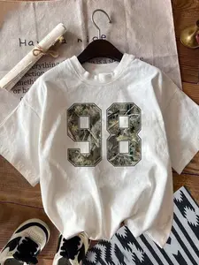 1 piece of women's white loose, casual and versatile T-shirt Tee with a camouflage No.98 Graphic print, designed in a casual Streetwear style. It is unisex and suitable for daily and outdoor wear.