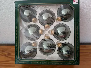 Designer Glass with Crowns from Kmart - 1990s Holiday Decor (Glass, Metal Ornaments, Traditional, Vintage, Smoky Green)