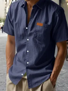 Men's Casual Short Sleeve Shirt, Loose Fit Button Design, Pocket Included, Ideal for Vacation Wear, Plain Pattern, Comfortable Daily Dressing