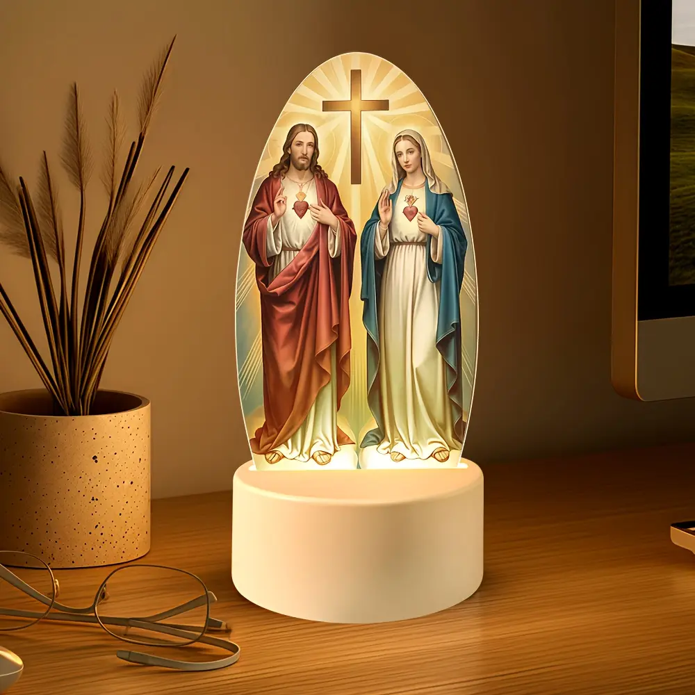 Bohemian Style Jesus Mary LED Night Light, Acrylic Decorative Plaque with USB Power, Inspirational Desktop Lamp for Bedroom Office Cafe