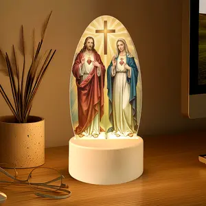 Bohemian Style Jesus Mary LED Night Light, Acrylic Decorative Plaque with USB Power, Inspirational Desktop Lamp for Bedroom Office Cafe