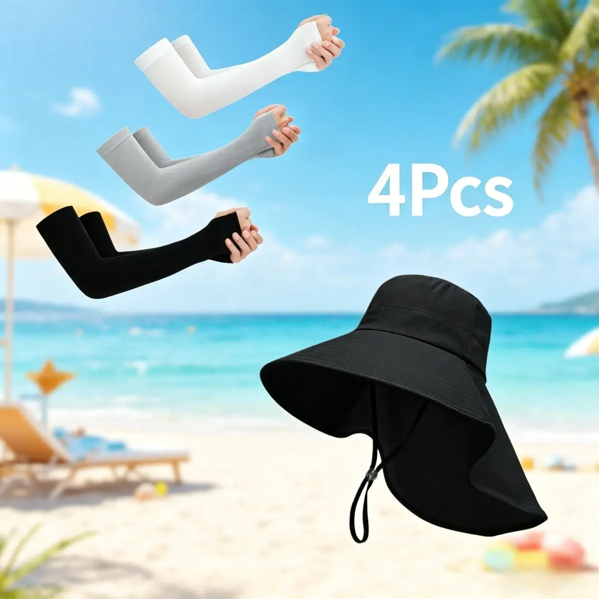 2026 Outdoor Combo Pack:1 Sun Hat +3 Cooling Arm Sleeves Sun Protection Fishing Hiking Gear Set Windproof Moisture Wicking Sleeves for Cycling  Camping Travel Essentials