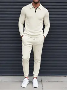 Men's Solid Color Waffle Texture Set, Half-Zip Polo Shirt & Elastic Waist Pants, Practical Pockets, Comfortable Casual Wear