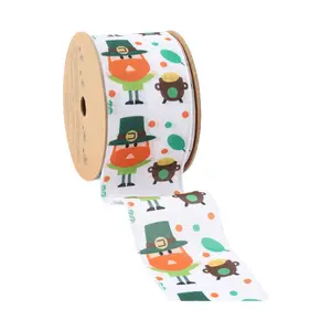 2 1/2" Wired Ribbon | White w/ Leprechaun & Pot O'Gold | 10 Yard Roll St Patrick's Day Collection outdoor Green decor wrapping gifts