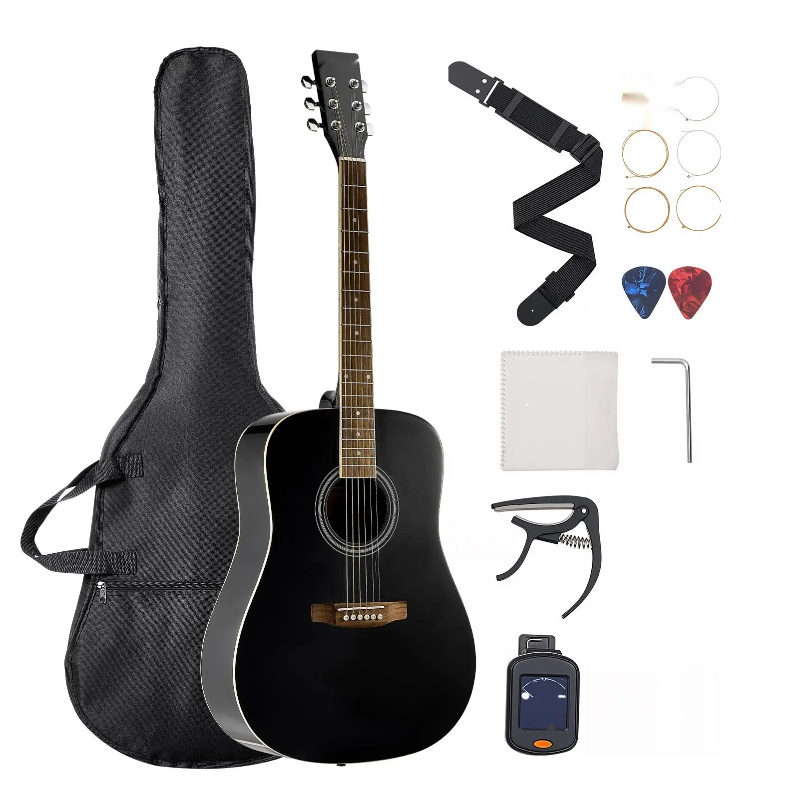 41-Inch Dreadnought Acoustic Guitar Beginner Bundle with Padded Gig Bag, Strap, Accessories, Spare Strings, Picks, Tuner, and Instructional Guide for Adults, Black Finish, Includes Beginner Tuning Tips