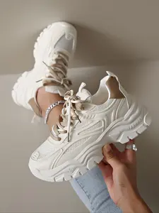Women's Thick Soled Sneakers for All Seasons, Breathable Mesh and PU Leather Casual Shoes in Cream Color, Stylish Outdoor Lace-Up Footwear