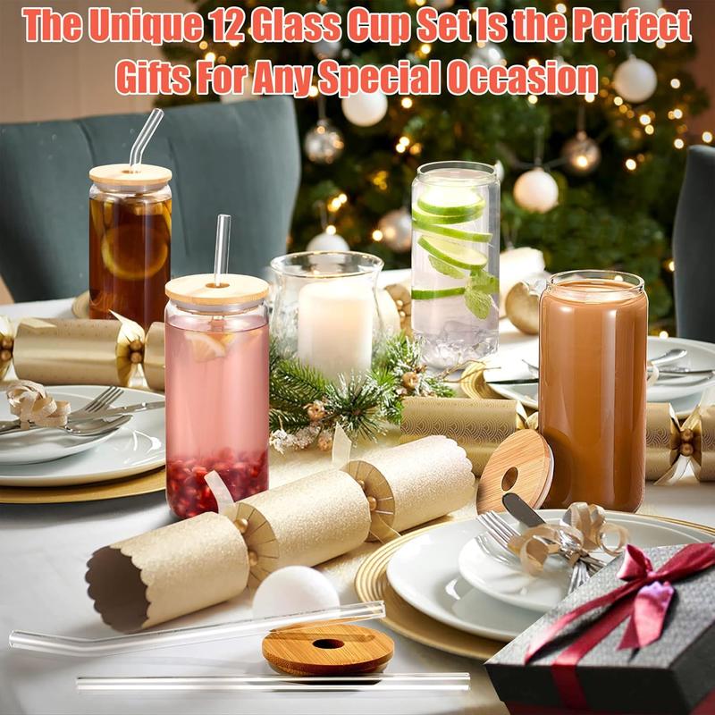 [ 12pcs Set ] Drinking Glasses with Bamboo Lids and Glass Straw - 16oz Glass Cups, Beer Glasses, Iced Coffee Glasses, Cute Tea Cup, Ideal for Cocktail, Whiskey, Gift - 2 Cleaning Brushes