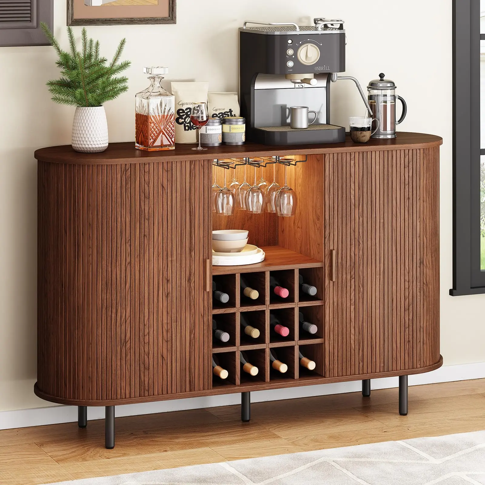 【SummerFinds】ONBRILL 55" Wine Bar Cabinet with Storage, Fluted Liquor Bar for Home, Coffee Bar Cabinet with Wine Rack and Glass Holder, Buffet Sideboard with LED Lights for Kitchen Living Dining Room