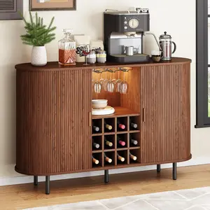 ONBRILL 55" Wine Bar Cabinet with Storage, Fluted Liquor Bar for Home, Coffee Bar Cabinet with Wine Rack and Glass Holder, Buffet Sideboard with LED Lights for Kitchen Living Dining Room