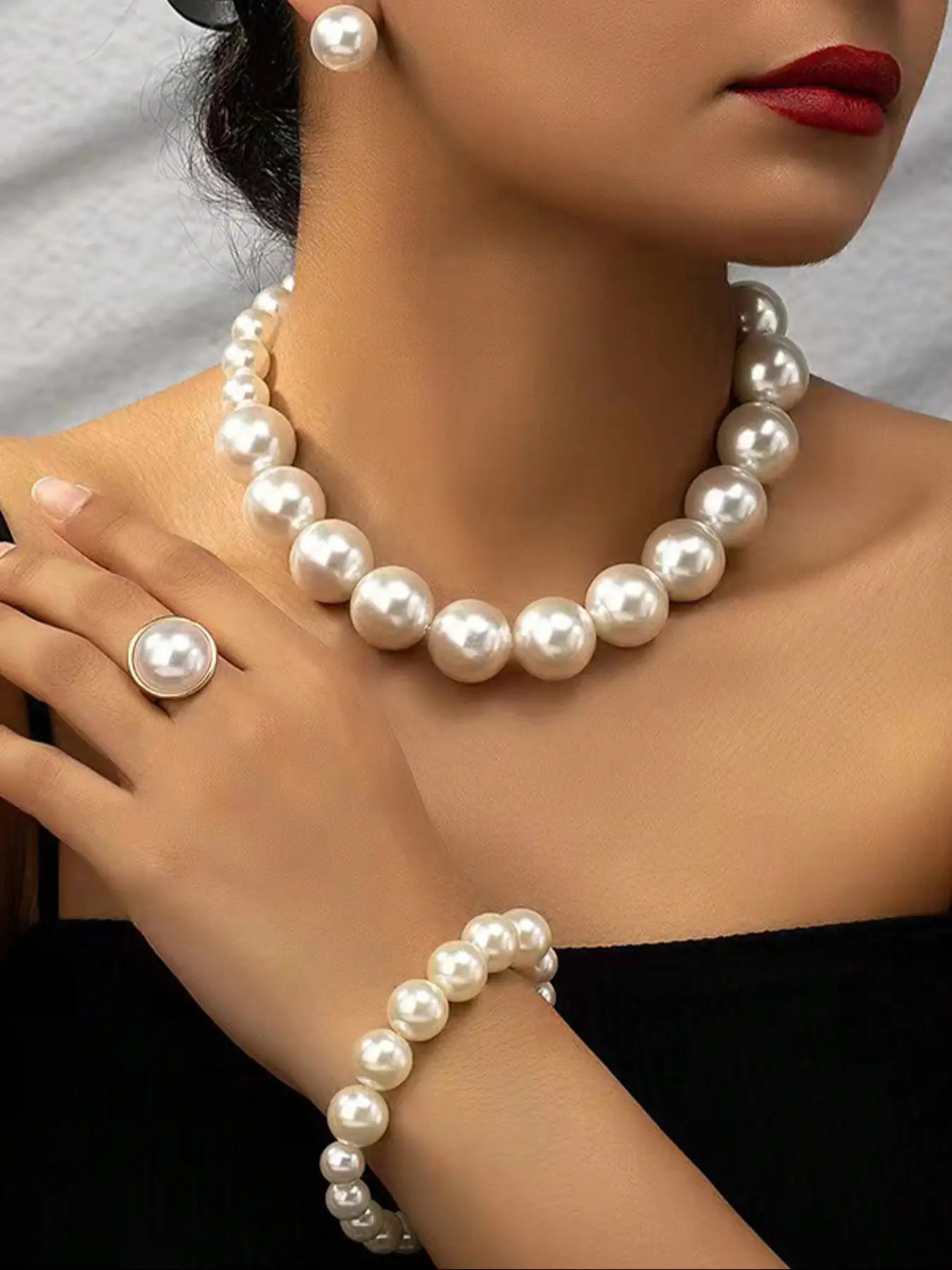 Elegant Faux Pearl Decorated Jewelry Set, Including Exquisite Bracelet & Necklace & Ring & Earrings, Women's French Style Jewelry Set, Fashionable Jewelry Set As Gift