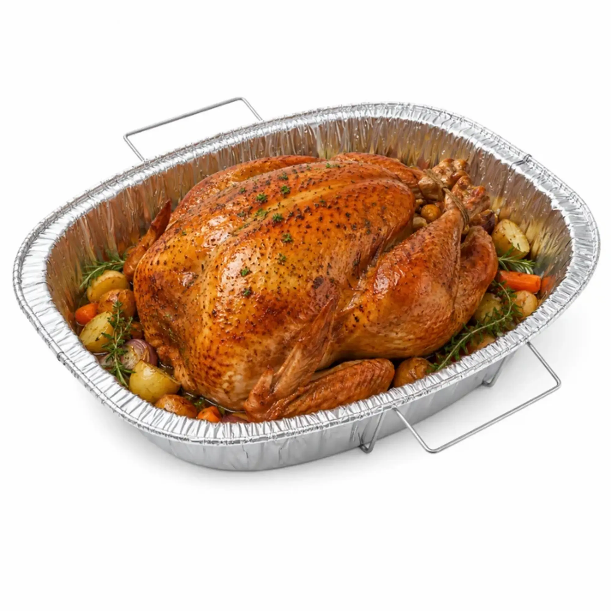 VeZee Oval Turkey Roaster Pan 17.75 x 17 x 3.25 in with Handles, Disposable Aluminum Roasting Pan for Turkey, Chicken & Ham, Heavy Duty Oven Safe Baking Tray, Roasting, Cooking, Serving & Easy Cleanup, Recyclable, BPA Free