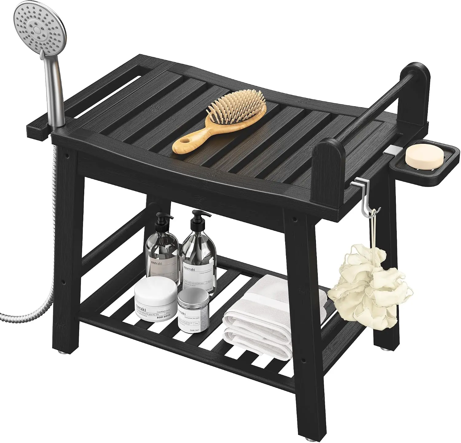 Bamboo Shower Benches for Inside Shower, Waterproof Shower Chair| Heavy Duty 300lb Bathroom Chair with Storage Shelf & Showerhead Holder, Shower Stool with Armrest for Indoor, Outdoor, Black
