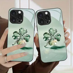 Crystal four-leaf clover pattern phone case with lens protection, suitable for iPhone 17 16 15 14 13 12 11 promax, full coverage anti-drop protective case, phone accessory