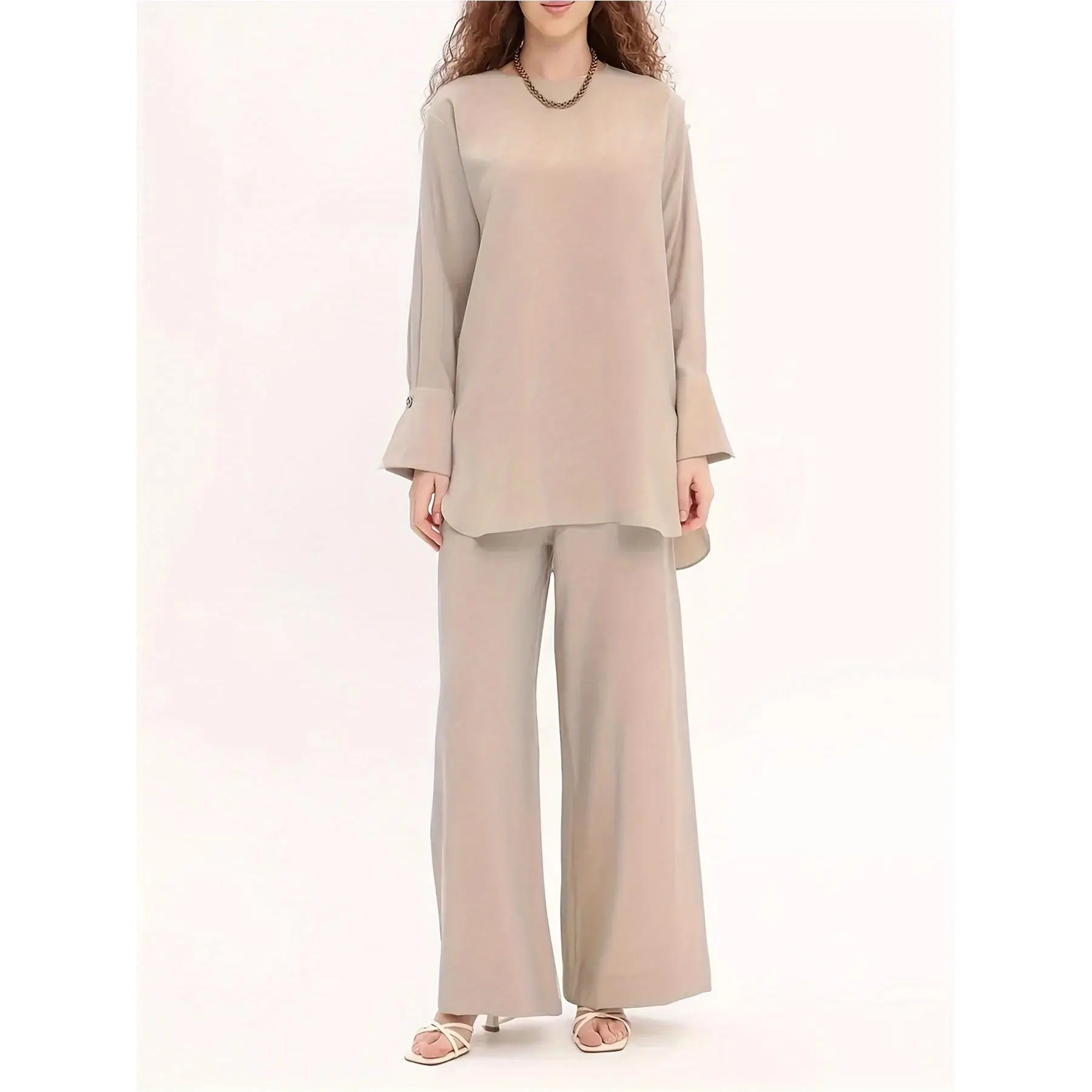 [Muslim Suit Set] Elegant Solid Color Muslim Suit - Round Neck Long Sleeve Tunic & Wide Leg Loose Trousers - Women's