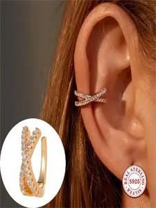 S925 Sterling Silver Ear Cuff for Women, 18K Gold Plated Non-Piercing Cross Ear Cuff with Sparkling Zircon, Hypoallergenic Clip-On Cartilage Earring for Daily Wear Party Gift, Artificial Zircon Earrings