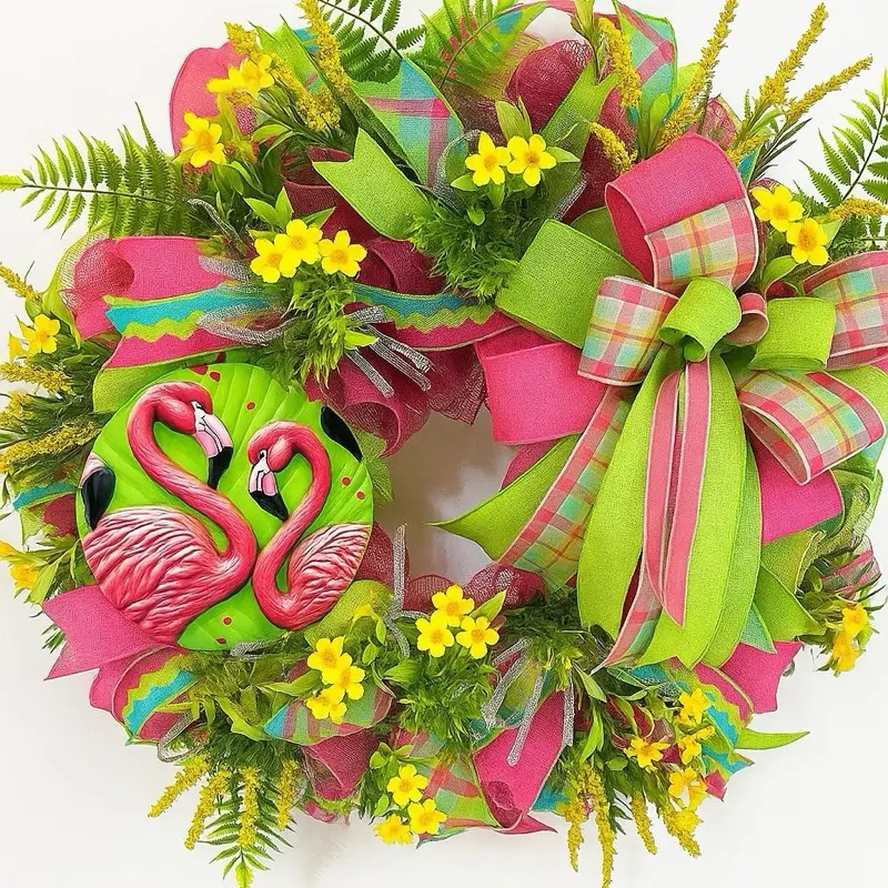 Flamingo Summer Wreath - Pink & Green Tropical Door Decor with Yellow Flowers & Plaid Ribbons for Home Decor