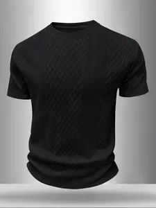 Men's Textured Diamond Grid Crew Neck T-Shirt, Breathable Waffle Knit Short Sleeve Top, Casual Streetwear Fashion, Slim Fit Curved Hem Tee, Daily Wear Workout Gym Shirt, Viral TikTok Men's Essential