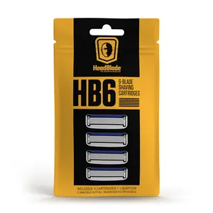 HEADBLADE HB6 6-Blade Shaving Cartridge Refills 4CT (Includes 4 Cartridges & 1 Adapter) Yellow Packaging for Easy Dispensing - Comfort Stainless Steel